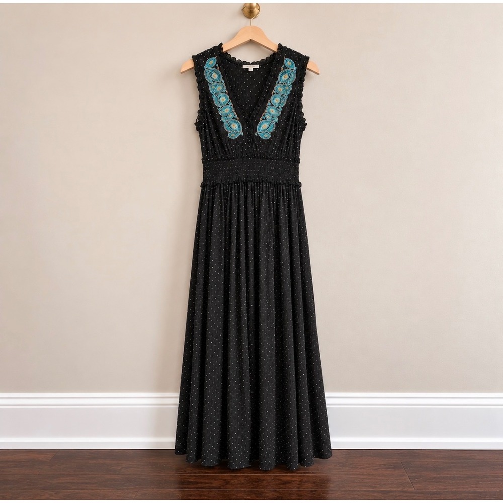 Mystree Black Polka Dot Embroidered V-Neck Smocked Maxi Dress Boho Sleeveless M